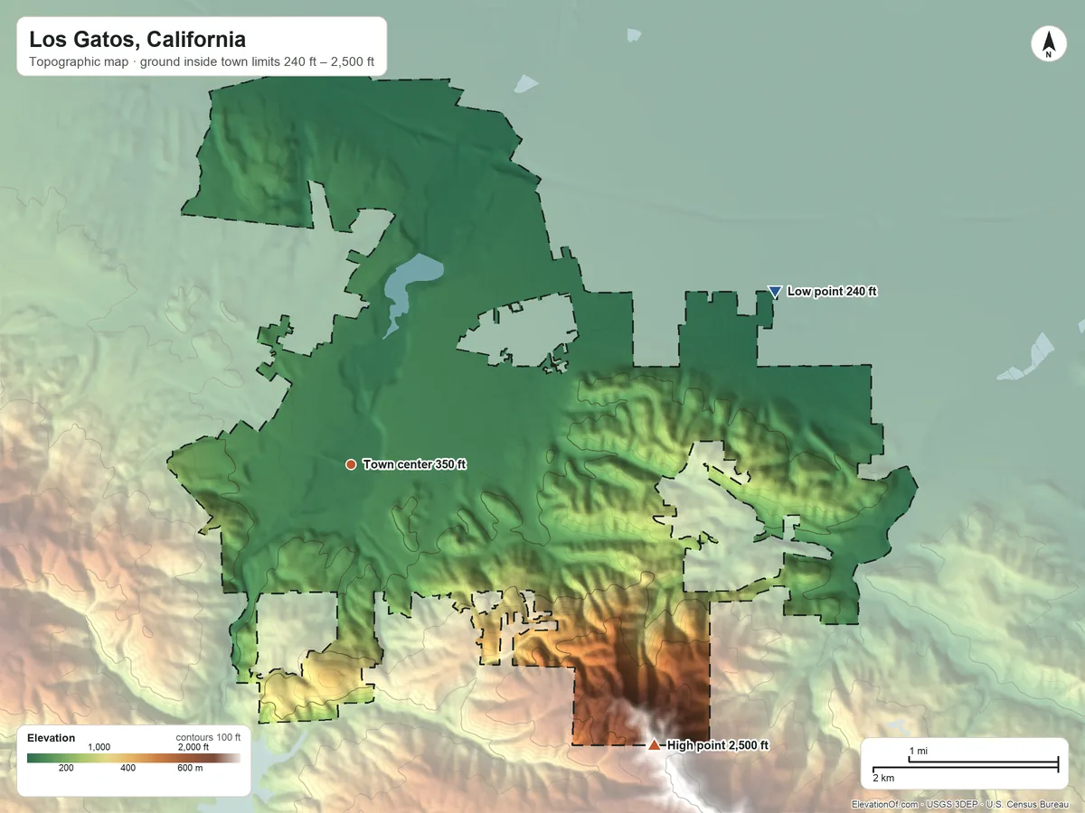 Topographic elevation map of Los Gatos, California, shaded from 240 ft on the east side to 2,500 ft at the foot of the Sierra Azul
