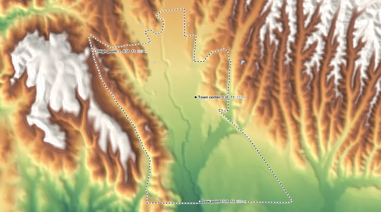 Topographic elevation map of Los Olivos, California, shaded from 720 ft on the south side to 1,070 ft on the northwest side