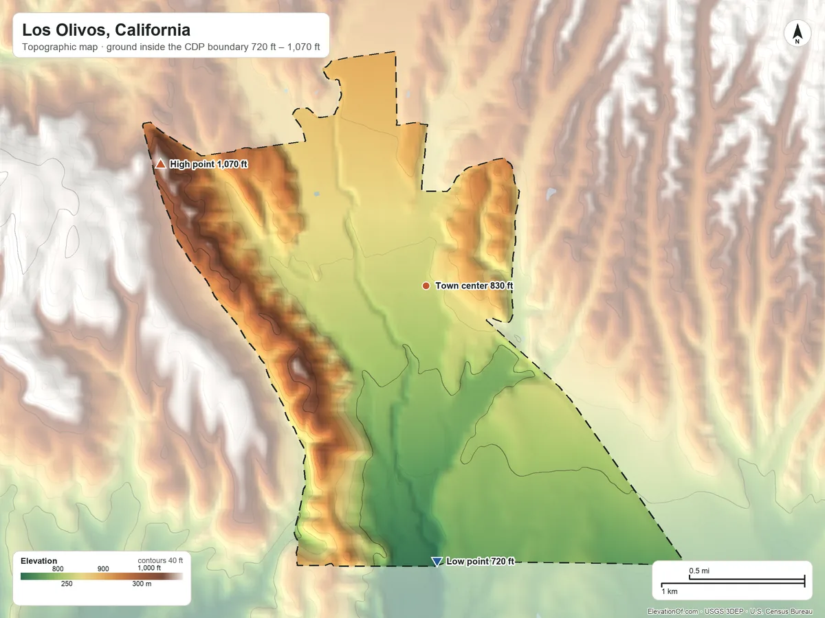 Topographic elevation map of Los Olivos, California, shaded from 720 ft on the south side to 1,070 ft on the northwest side
