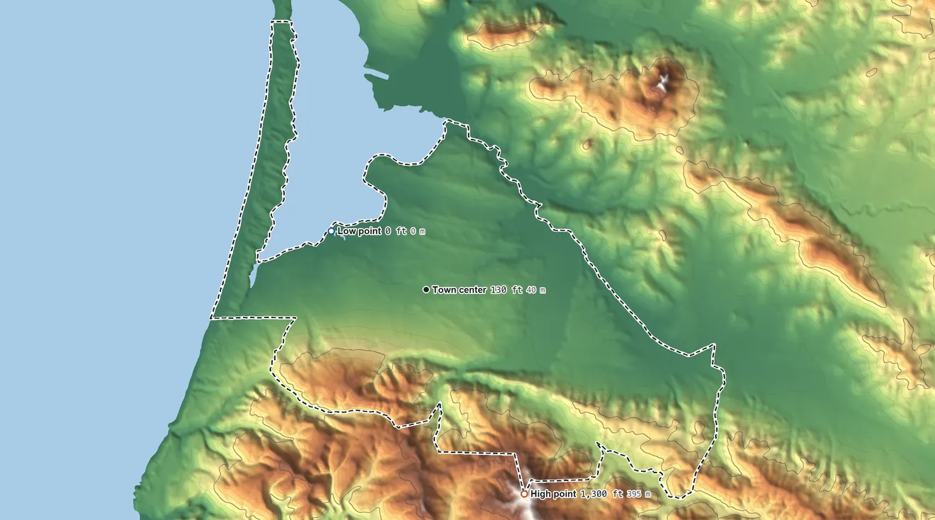 Topographic elevation map of Los Osos, California, shaded from sea level level on Morro Bay to 1,300 ft on the southeast edge, below higher ground just outside