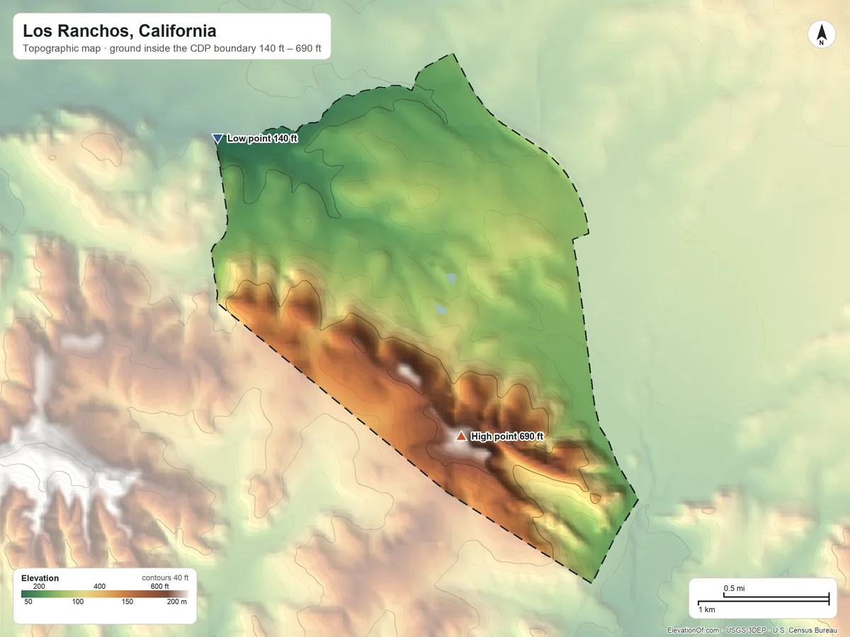 Topographic elevation map of Los Ranchos, California, shaded from 140 ft on the west side to 690 ft on the south side