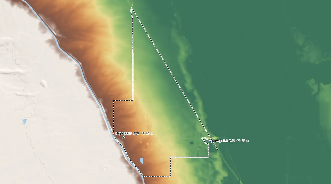 Topographic elevation map of Lost Hills, California, shaded from 240 ft on the east side to 320 ft near the middle