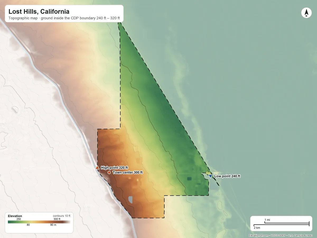 Topographic elevation map of Lost Hills, California, shaded from 240 ft on the east side to 320 ft near the middle