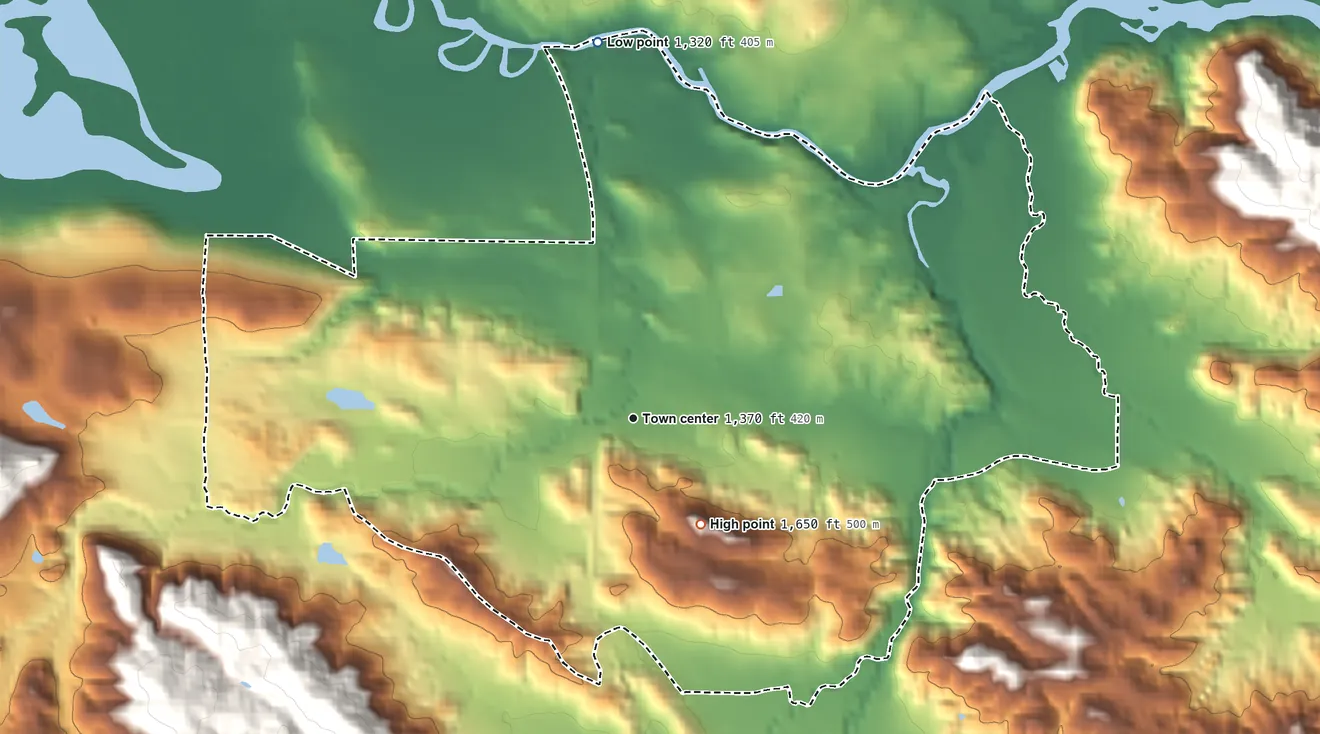 Topographic elevation map of Lower Lake, California, shaded from 1,320 ft on the north side to 1,650 ft on the southeast side