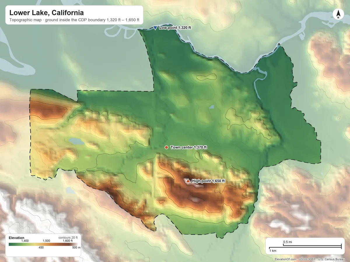 Topographic elevation map of Lower Lake, California, shaded from 1,320 ft on the north side to 1,650 ft on the southeast side