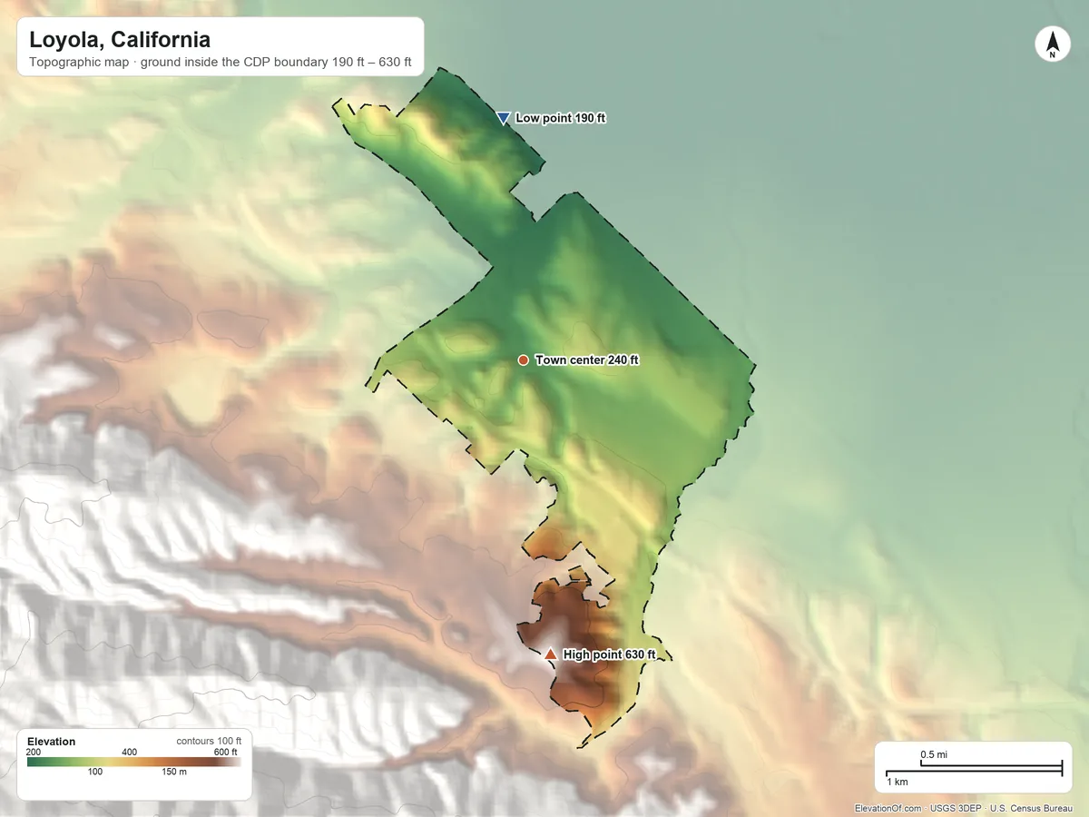 Topographic elevation map of Loyola, California, shaded from 190 ft on the north side to 630 ft at the foot of the Santa Cruz Mountains