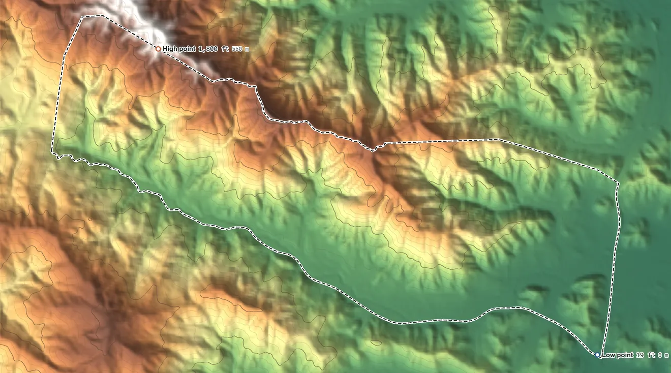 Topographic elevation map of Lucas Valley-Marinwood, California, shaded from 19 ft on the southeast side to 1,800 ft on the northwest side
