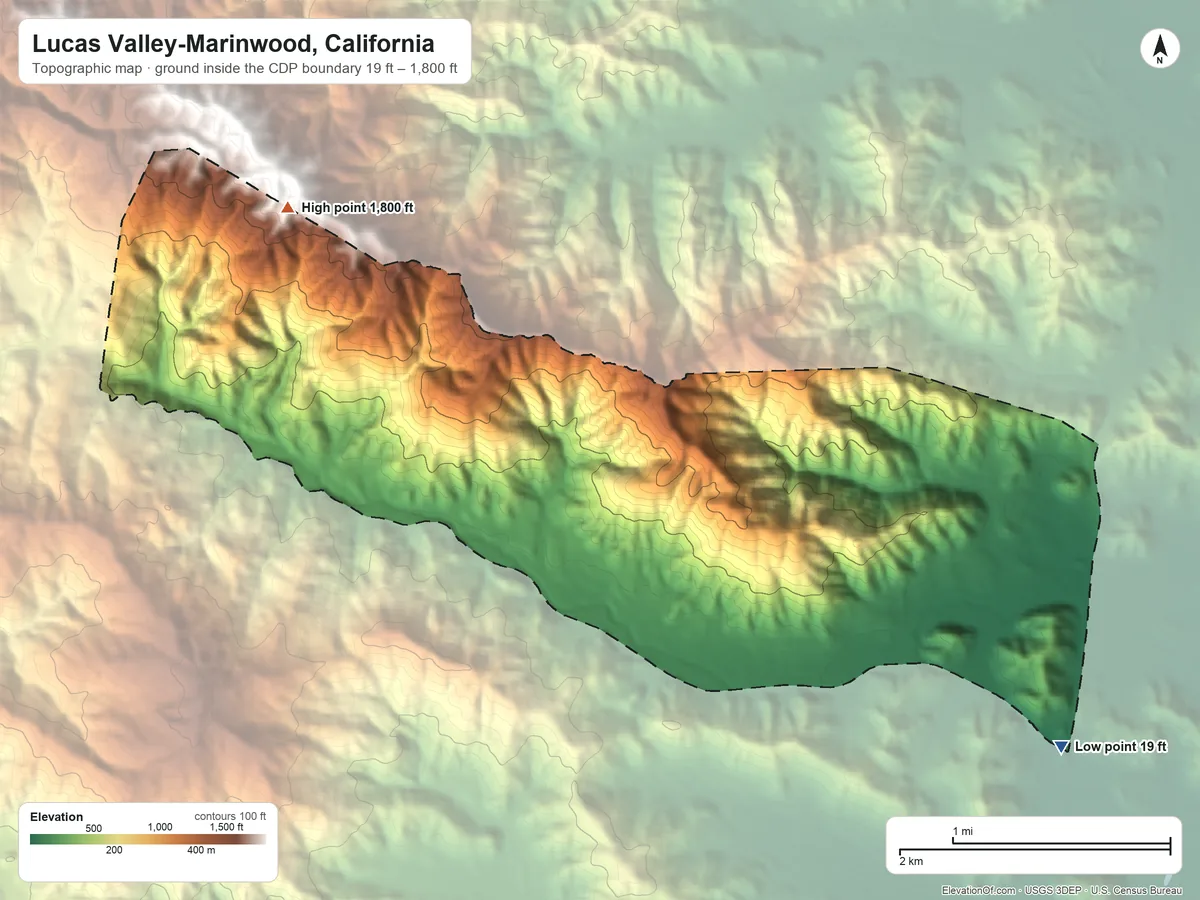 Topographic elevation map of Lucas Valley-Marinwood, California, shaded from 19 ft on the southeast side to 1,800 ft on the northwest side