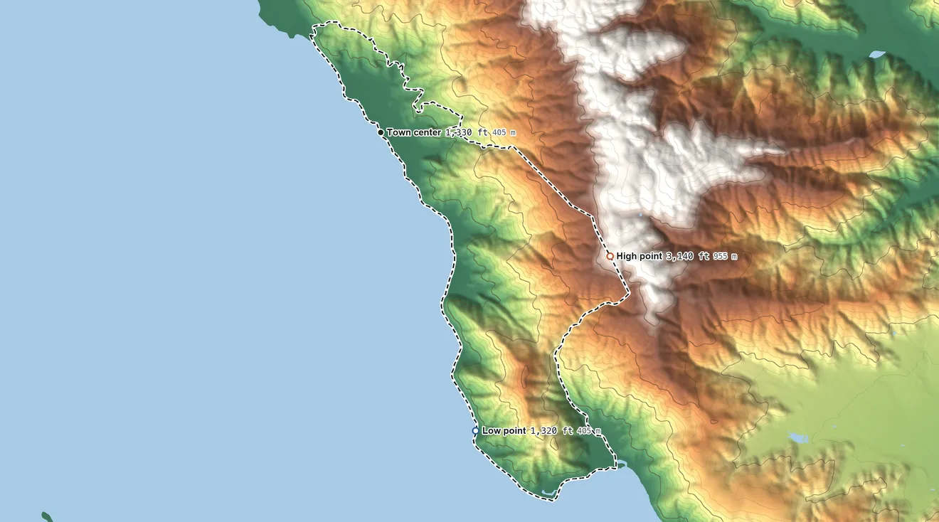 Topographic elevation map of Lucerne, California, shaded from 1,320 ft on the south side to 3,140 ft on the southeast side