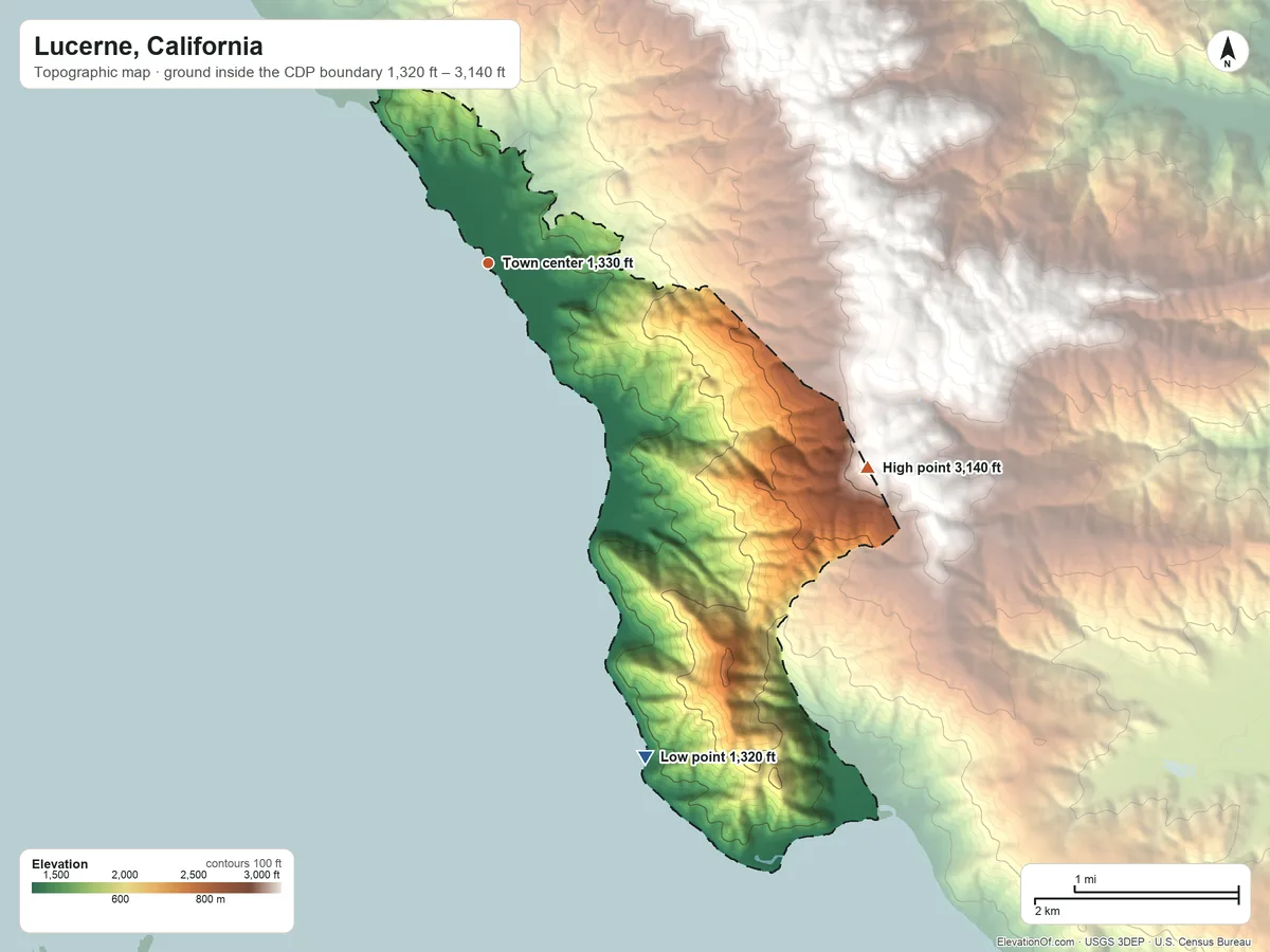 Topographic elevation map of Lucerne, California, shaded from 1,320 ft on the south side to 3,140 ft on the southeast side