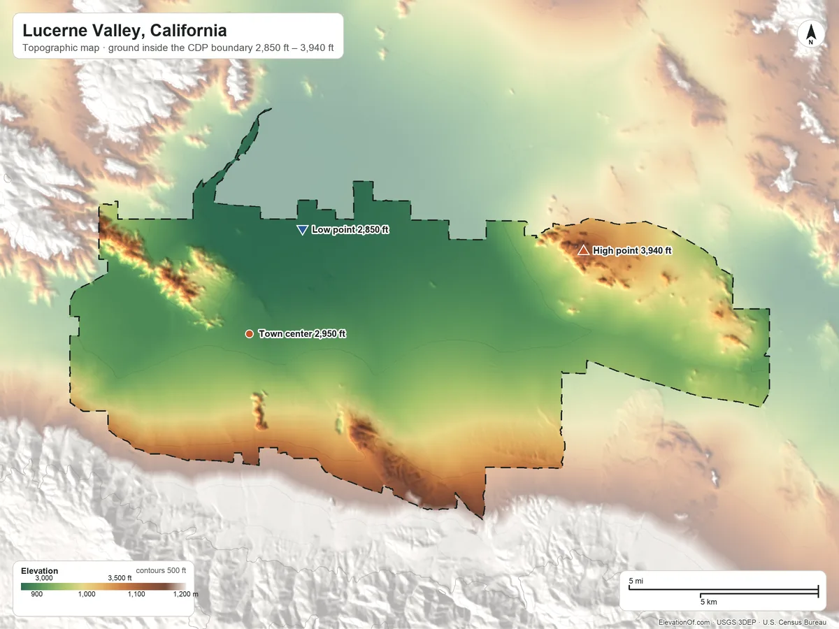 Topographic elevation map of Lucerne Valley, California, shaded from 2,850 ft on the northeast side to 3,940 ft on the east side