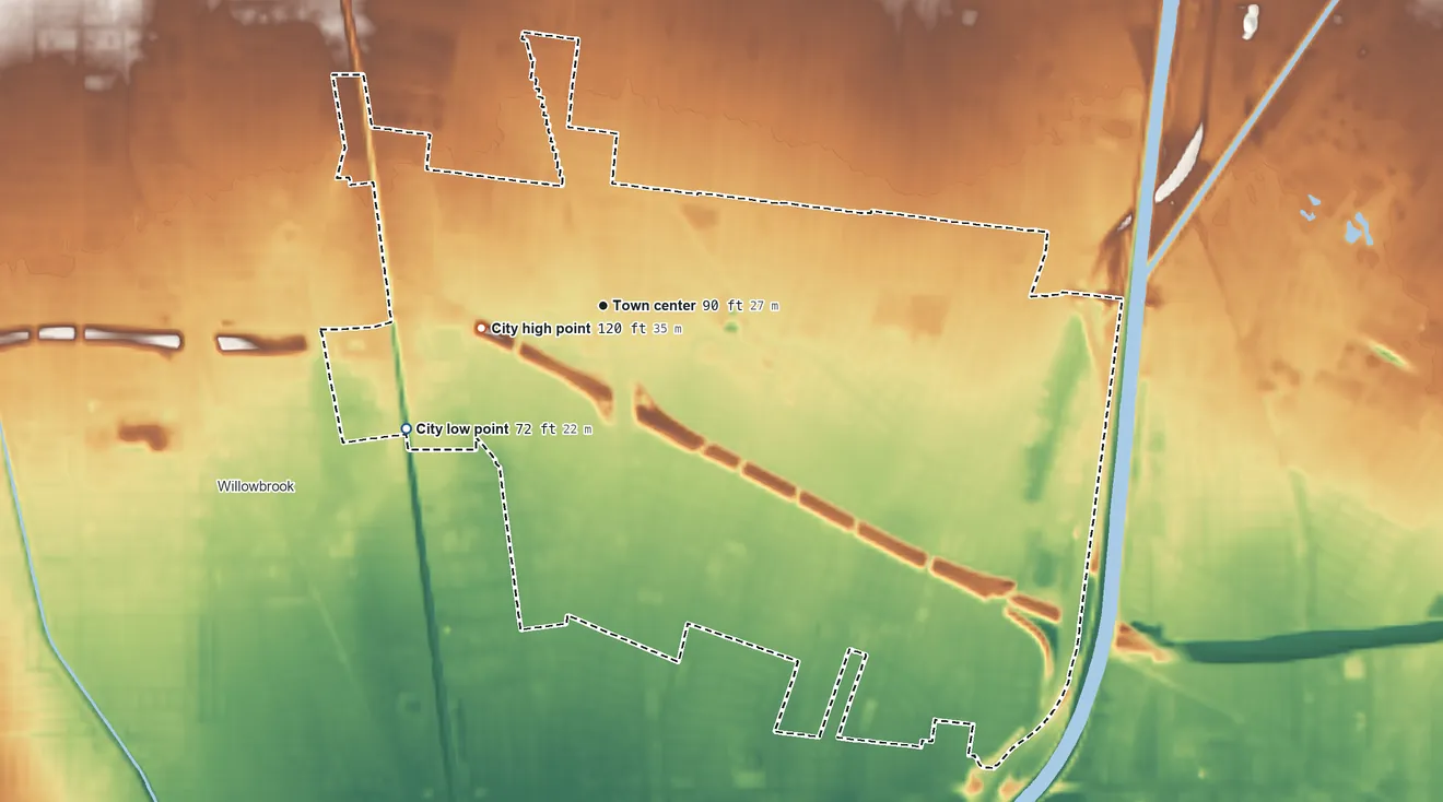 Topographic elevation map of Lynwood, California, shaded from 72 ft on the southwest side to 120 ft on the west side