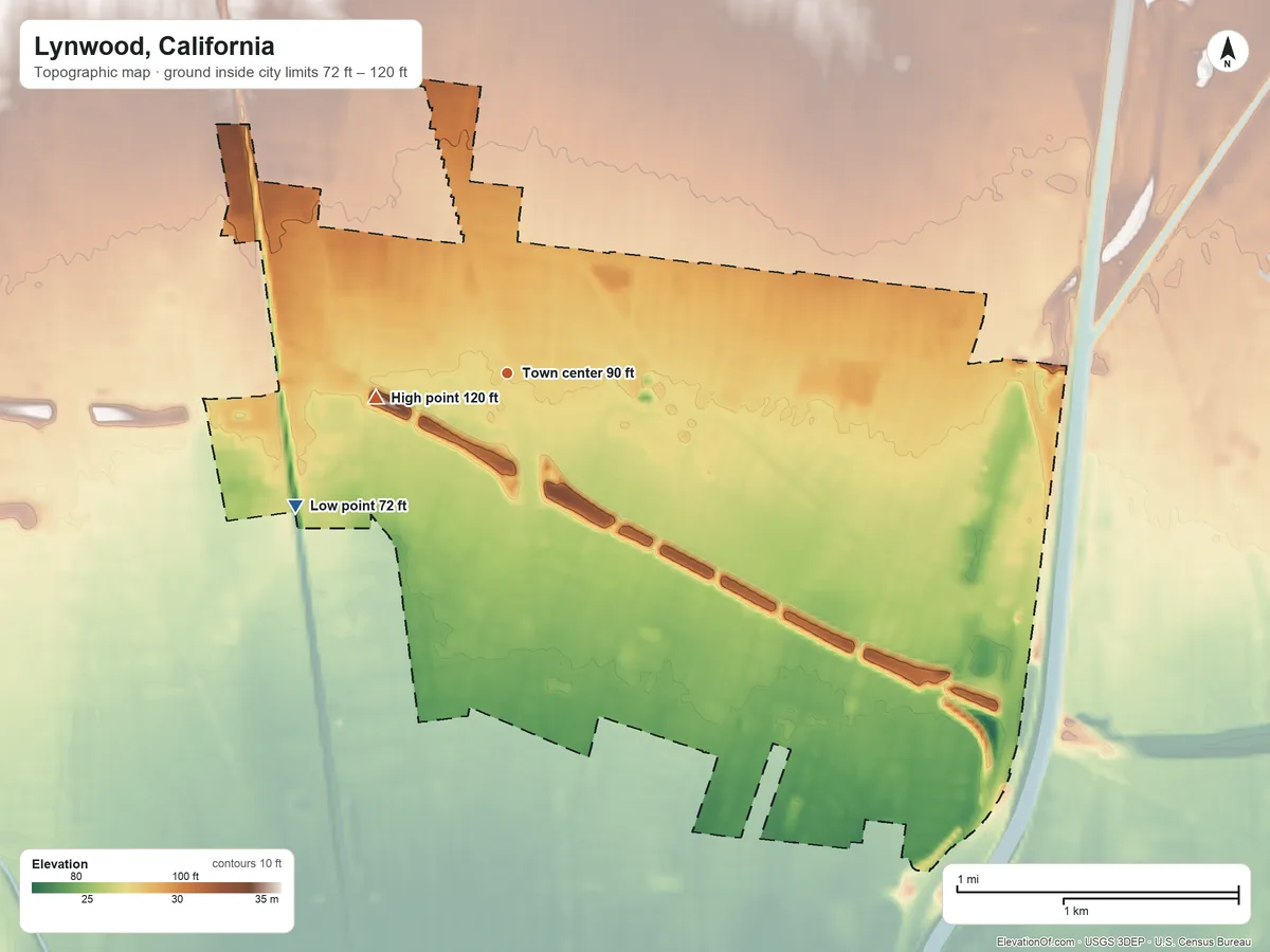Topographic elevation map of Lynwood, California, shaded from 72 ft on the southwest side to 120 ft on the west side