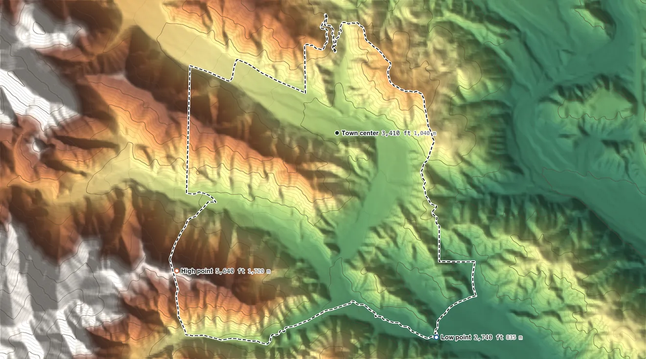 Topographic elevation map of Lytle Creek, California, shaded from 2,740 ft on the southeast side to 5,640 ft at the foot of the San Gabriel Mountains