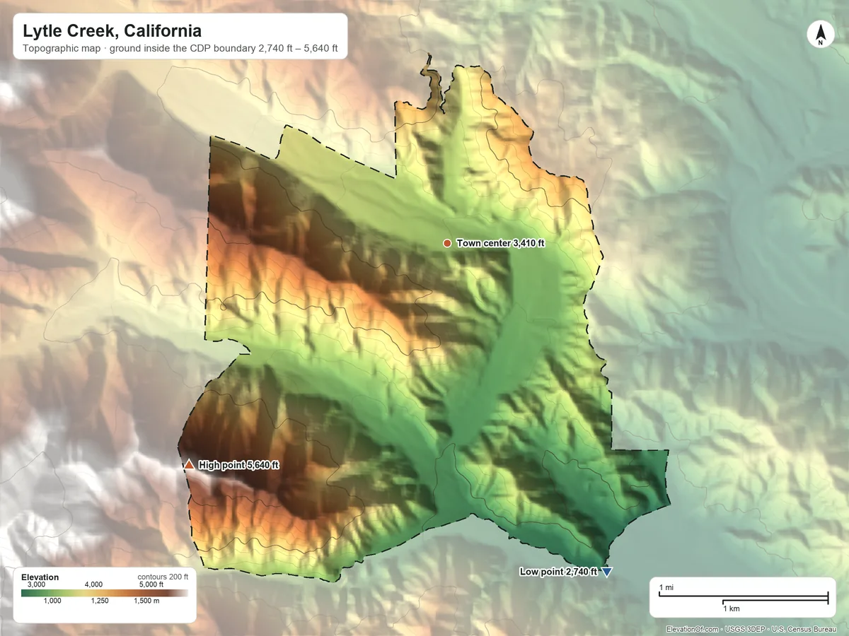 Topographic elevation map of Lytle Creek, California, shaded from 2,740 ft on the southeast side to 5,640 ft at the foot of the San Gabriel Mountains