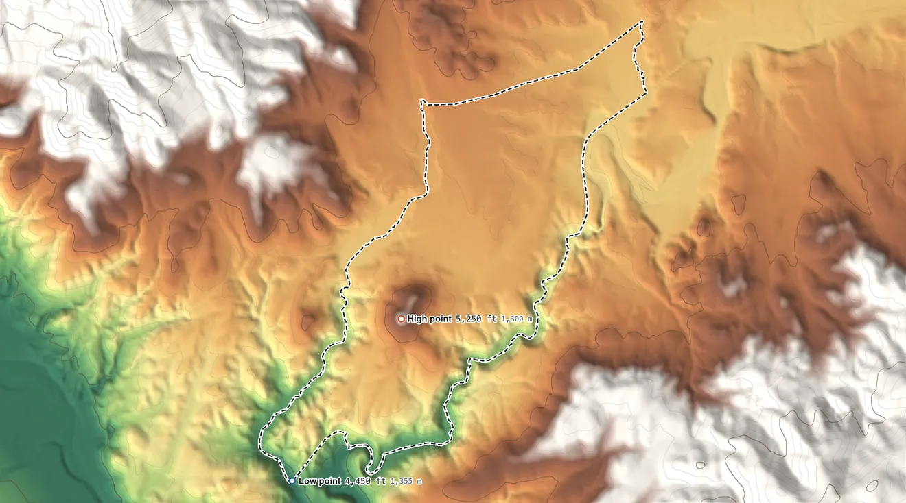 Topographic elevation map of Mabie, California, shaded from 4,450 ft on the southwest side to 5,250 ft on the southwest side