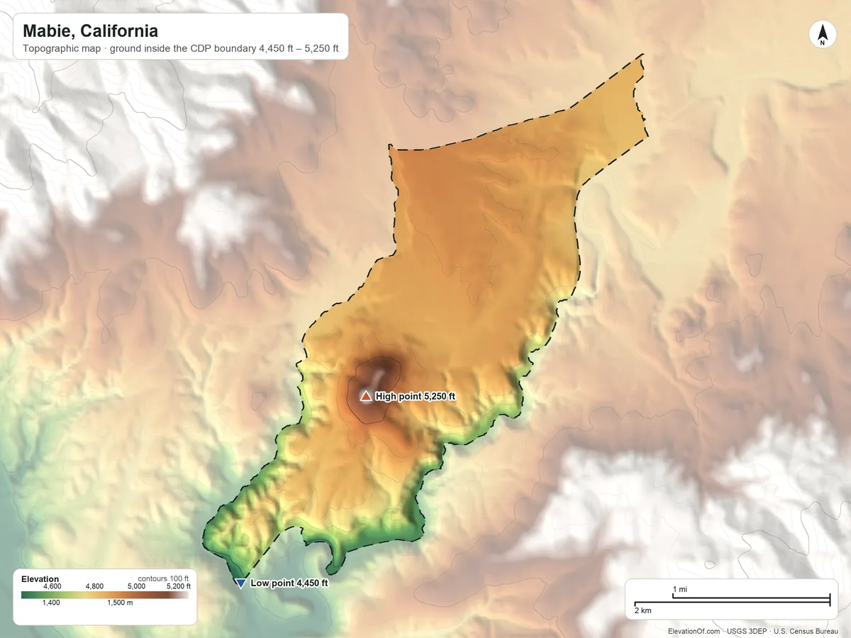 Topographic elevation map of Mabie, California, shaded from 4,450 ft on the southwest side to 5,250 ft on the southwest side