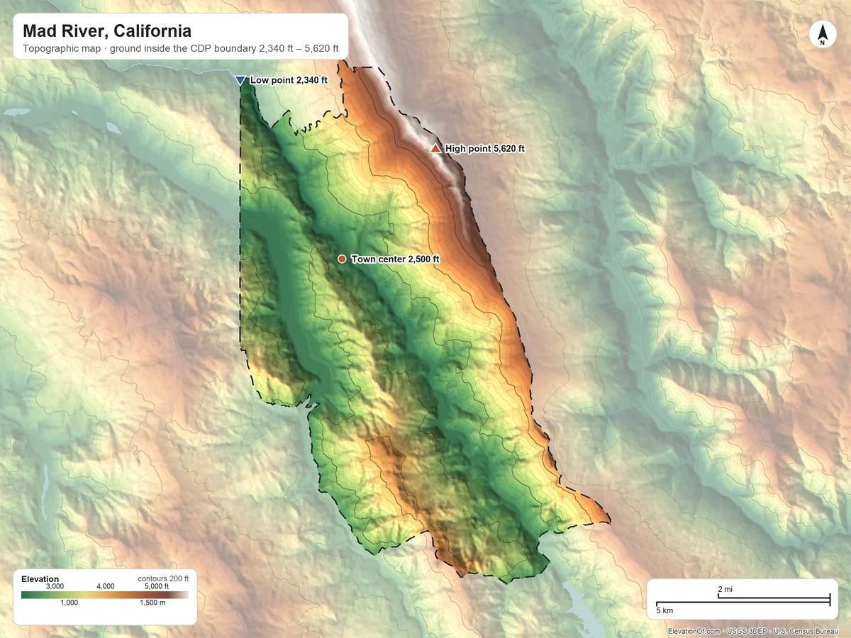 Topographic elevation map of Mad River, California, shaded from 2,340 ft on the northwest side to 5,620 ft on the northeast side