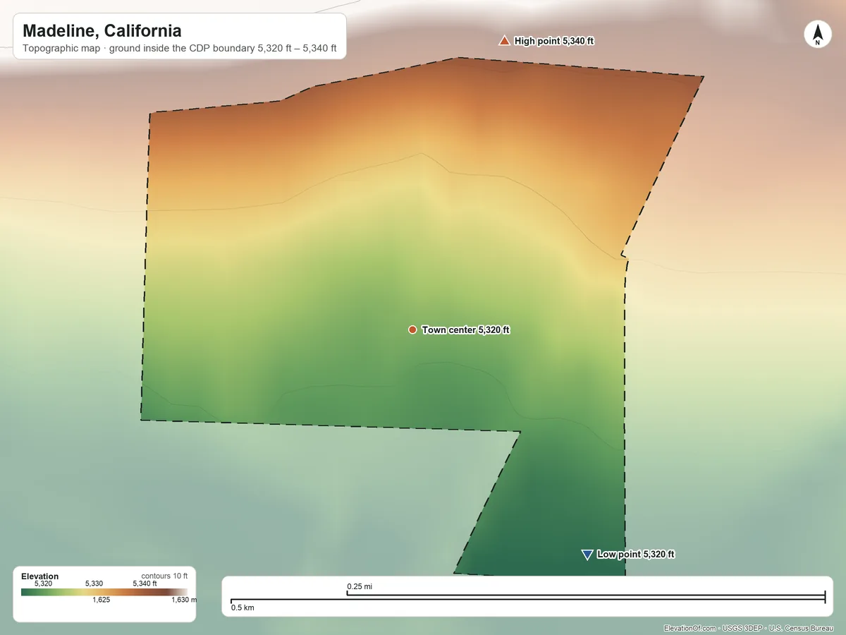 Topographic elevation map of Madeline, California, shaded from 5,320 ft on the southeast side to 5,340 ft on the north edge, below higher ground just outside