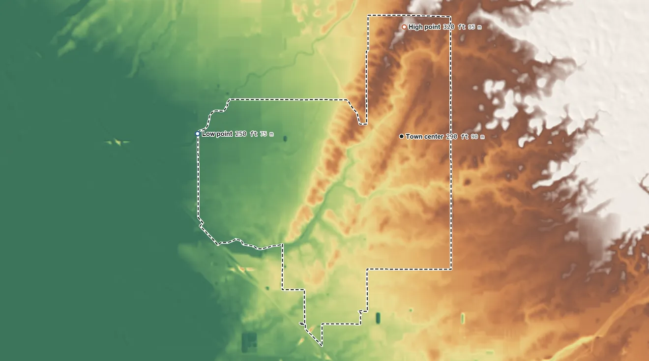 Topographic elevation map of Madera Acres, California, shaded from 250 ft on the west side to 320 ft on the north side