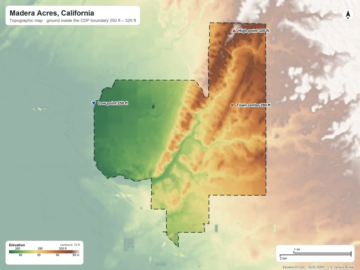 Topographic elevation map of Madera Acres, California, shaded from 250 ft on the west side to 320 ft on the north side