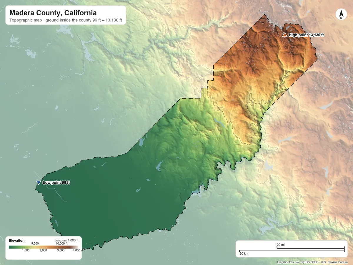 Topographic elevation map of Madera County, California, shaded from 96 ft on the west side to 13,130 ft on Mount Ritter