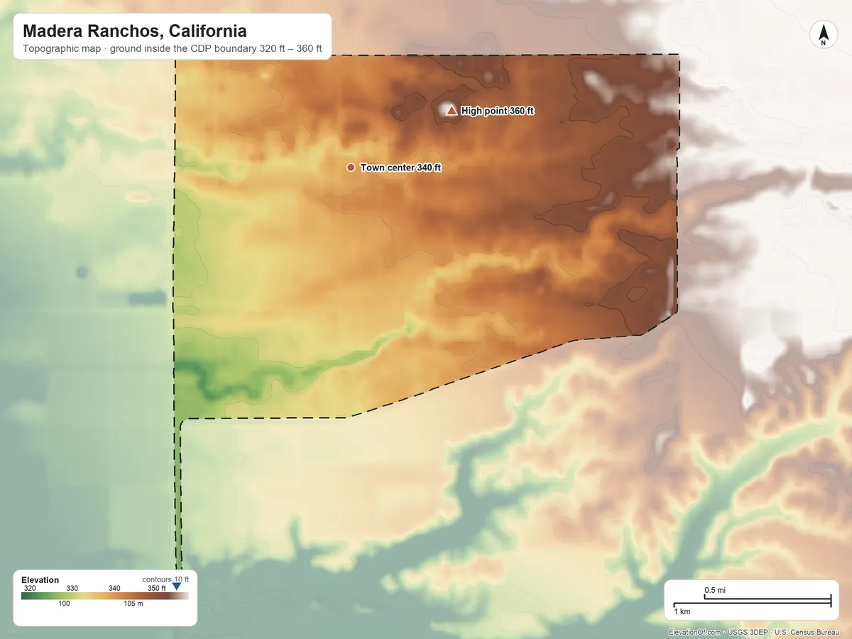 Topographic elevation map of Madera Ranchos, California, shaded from 320 ft on the southwest side to 360 ft on the northeast side