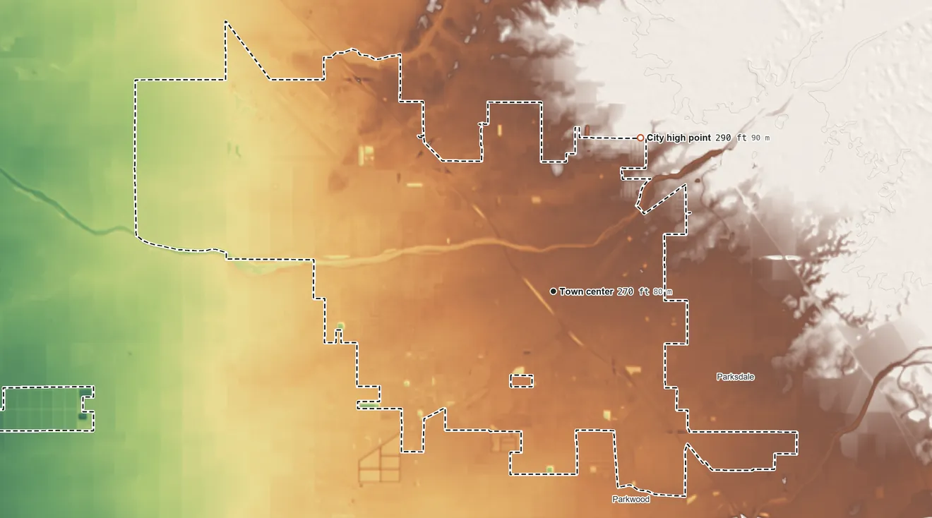 Topographic elevation map of Madera, California, shaded from 210 ft on the west side to 290 ft on the northeast side
