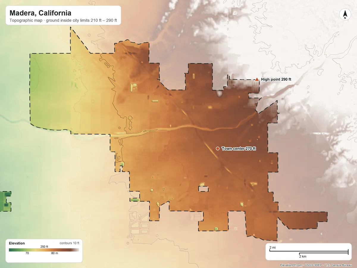 Topographic elevation map of Madera, California, shaded from 210 ft on the west side to 290 ft on the northeast side