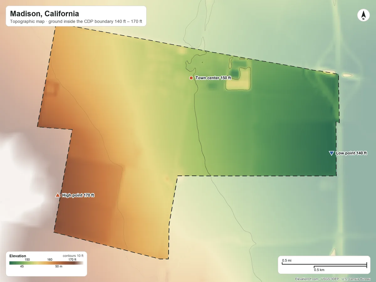 Topographic elevation map of Madison, California, shaded from 140 ft on the southeast side to 170 ft on the southwest side