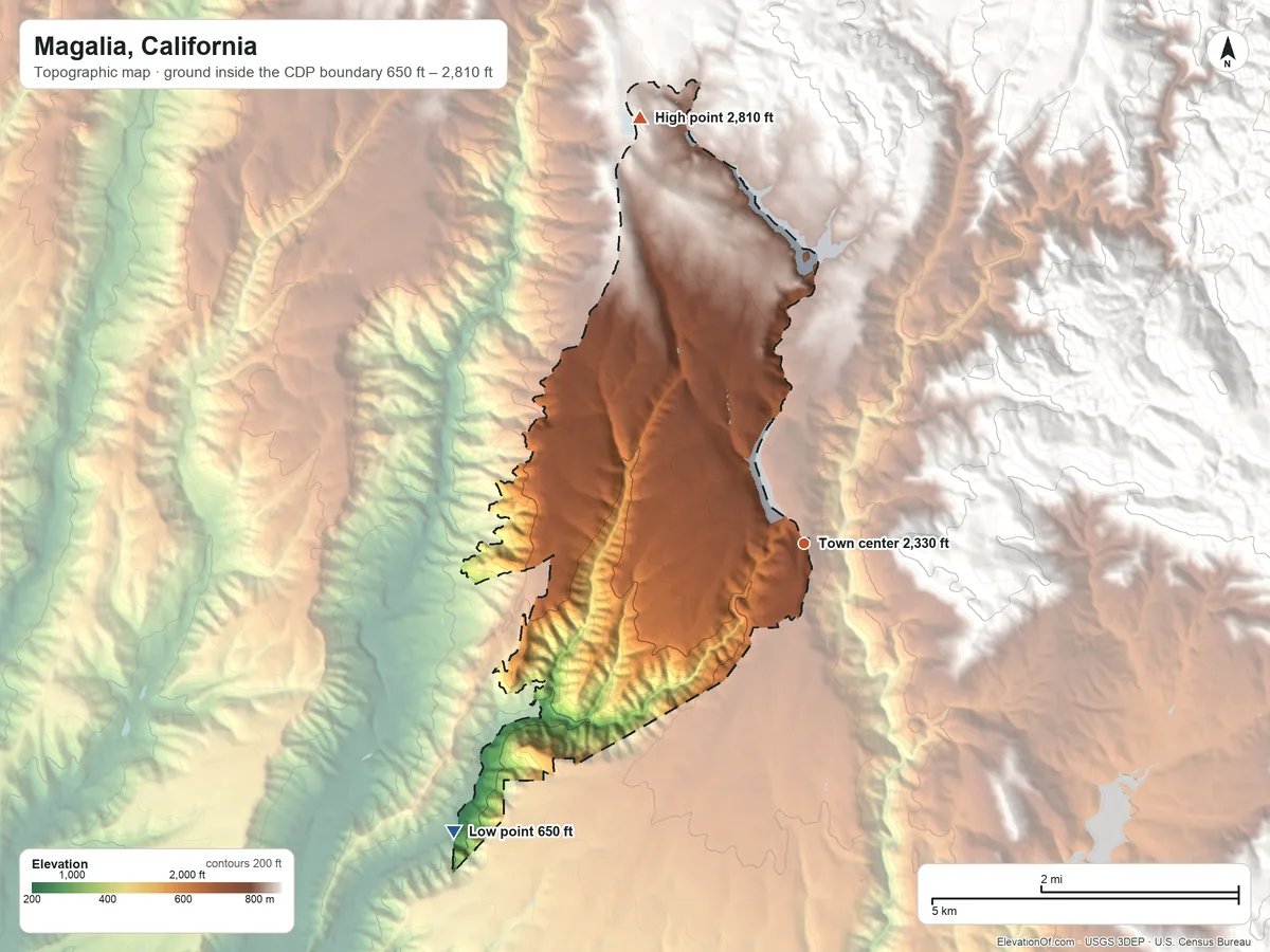 Topographic elevation map of Magalia, California, shaded from 650 ft on the southwest side to 2,810 ft on the north edge, below higher ground just outside