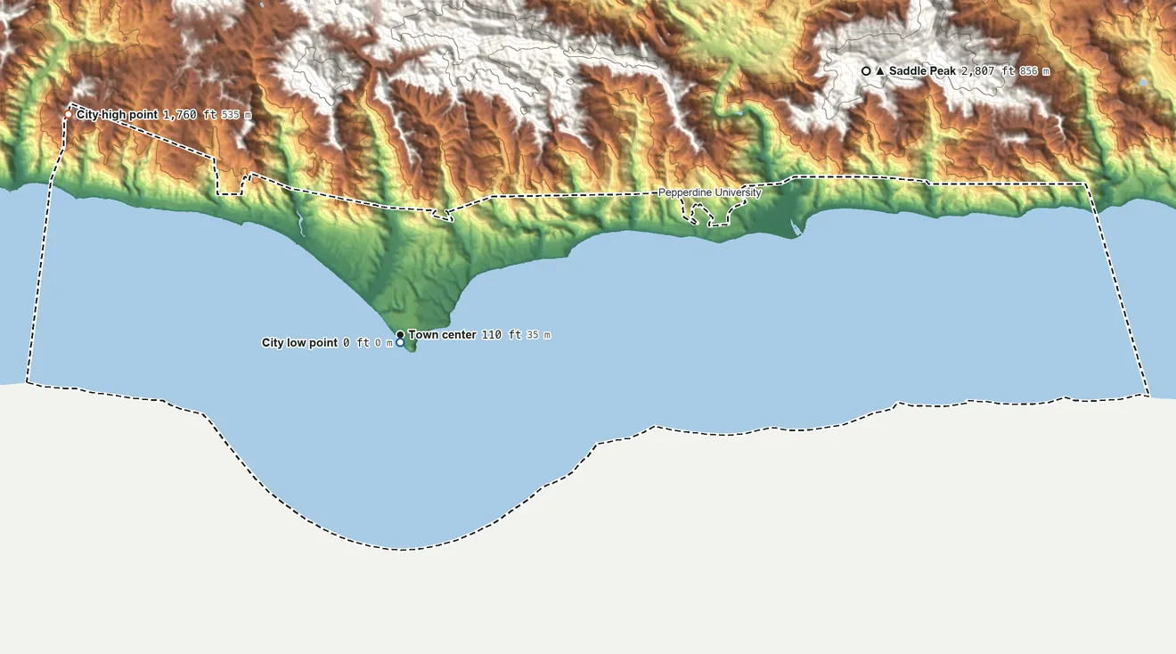 Topographic elevation map of Malibu, California, shaded from sea level level on the Pacific Ocean to 1,760 ft on the northwest side