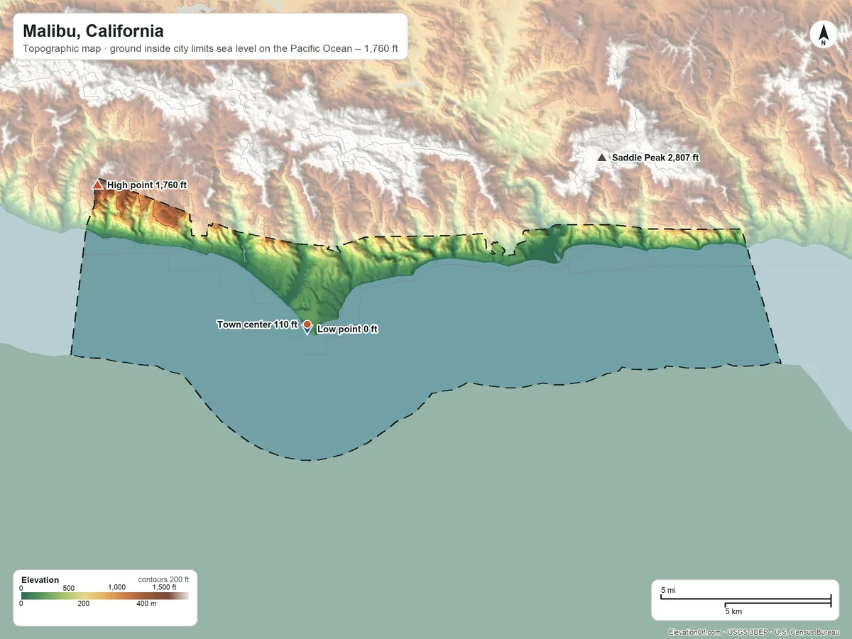 Topographic elevation map of Malibu, California, shaded from sea level level on the Pacific Ocean to 1,760 ft on the northwest side