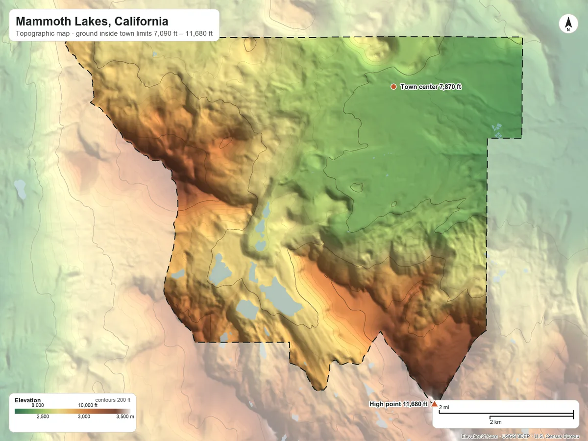Topographic elevation map of Mammoth Lakes, California, shaded from 7,090 ft on the east side to 11,680 ft at the foot of the Ritter Range