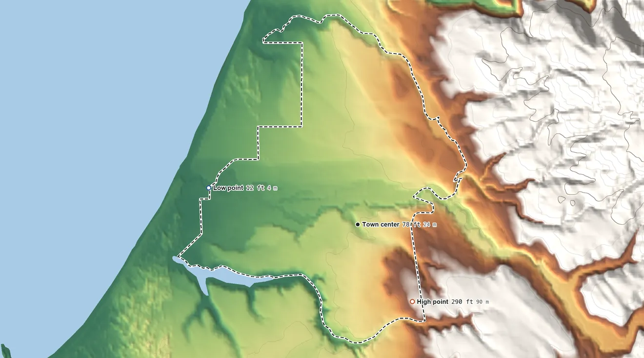 Topographic elevation map of Manchester, California, shaded from 12 ft on the west side to 290 ft on the southeast edge, below higher ground just outside
