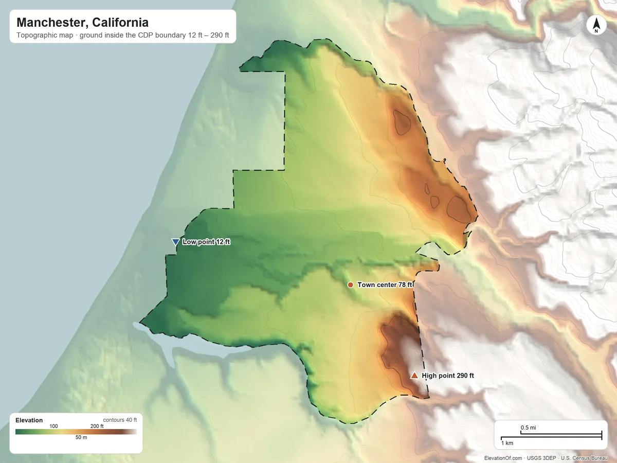 Topographic elevation map of Manchester, California, shaded from 12 ft on the west side to 290 ft on the southeast edge, below higher ground just outside