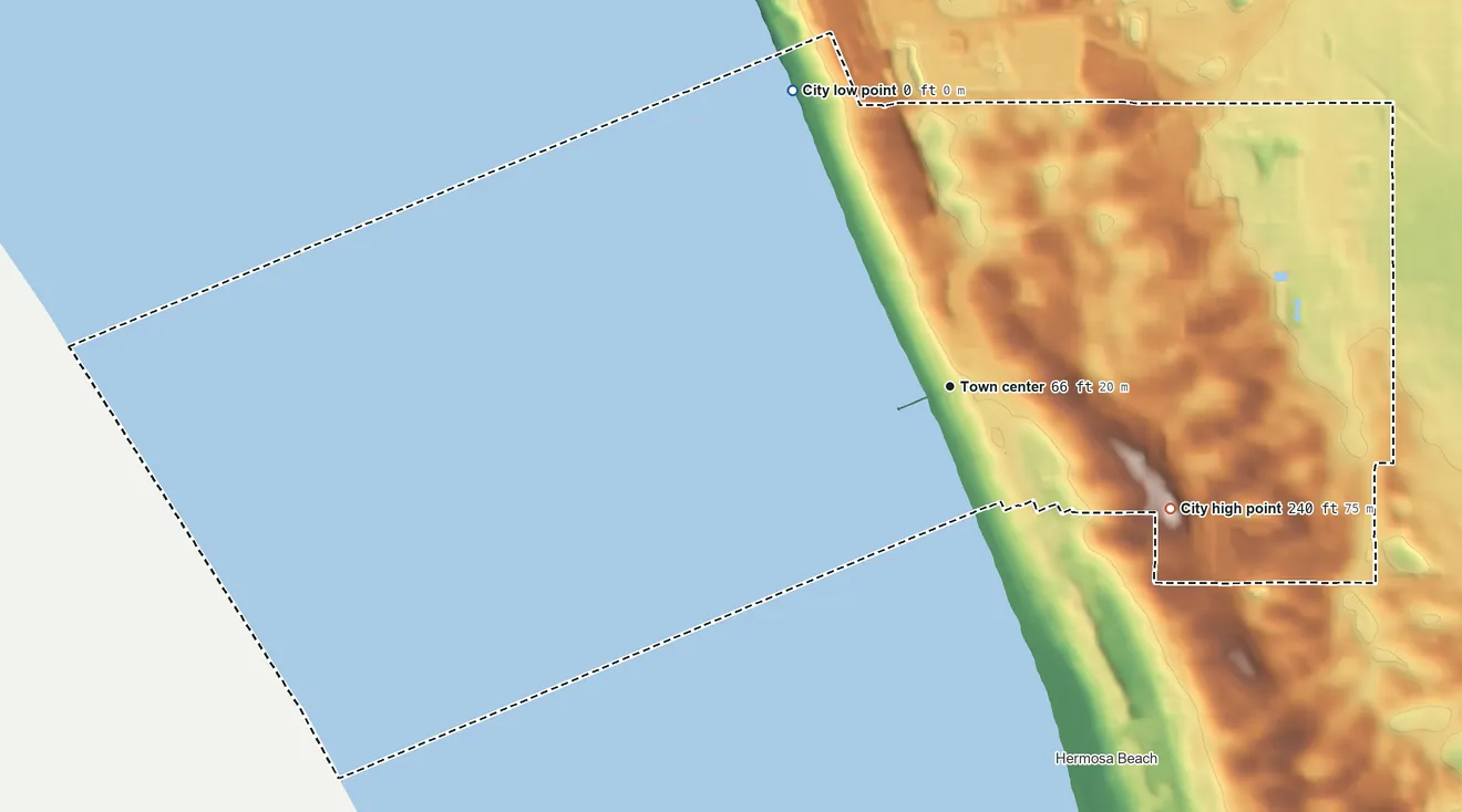 Topographic elevation map of Manhattan Beach, California, shaded from sea level level on the Pacific Ocean to 240 ft on the southeast side