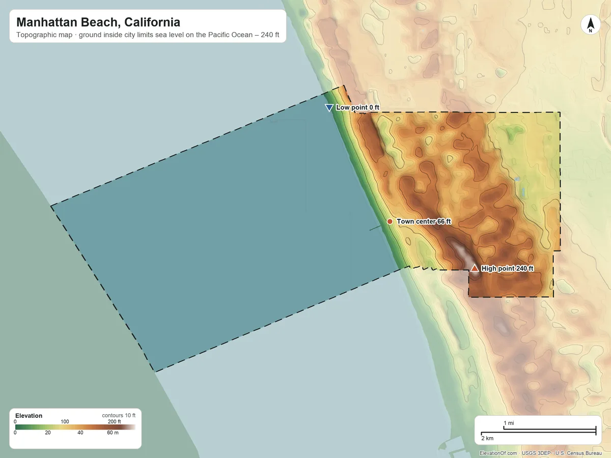 Topographic elevation map of Manhattan Beach, California, shaded from sea level level on the Pacific Ocean to 240 ft on the southeast side