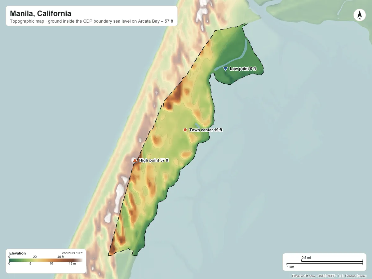 Topographic elevation map of Manila, California, shaded from sea level level on Arcata Bay to 57 ft on the southwest side