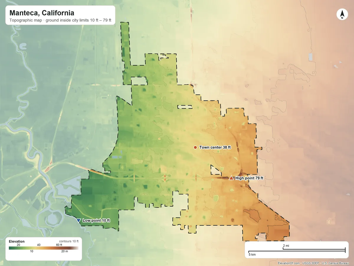 Topographic elevation map of Manteca, California, shaded from 10 ft on the southwest side to 79 ft on the southeast side