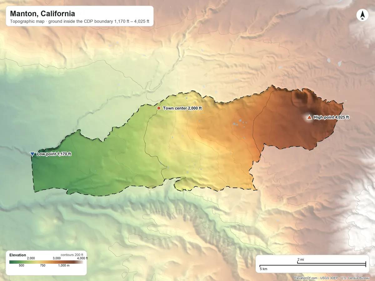 Topographic elevation map of Manton, California, shaded from 1,170 ft on the west side to 4,025 ft on Digger Butte