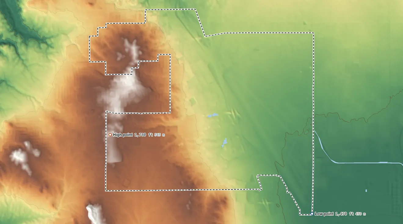 Topographic elevation map of March ARB, California, shaded from 1,470 ft on the south side to 1,780 ft on the west side