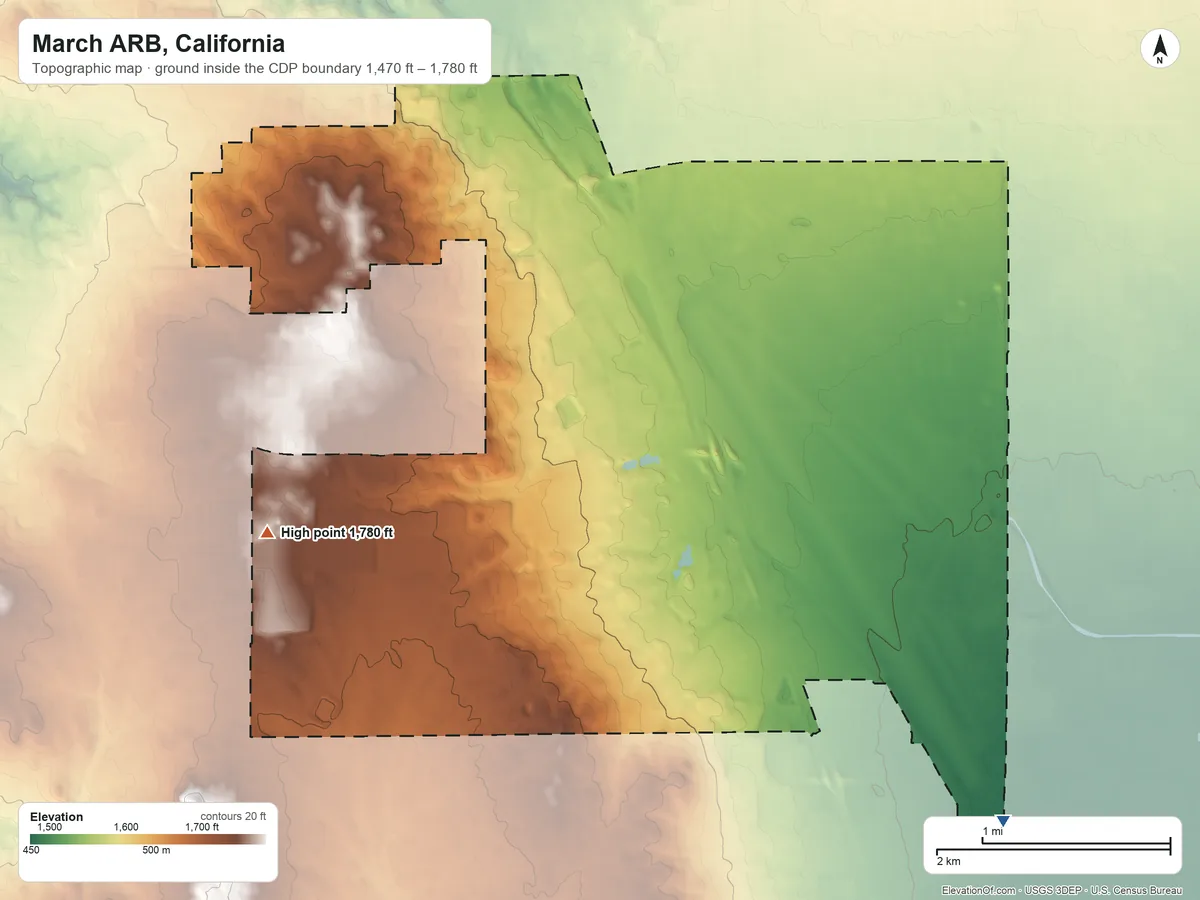 Topographic elevation map of March ARB, California, shaded from 1,470 ft on the south side to 1,780 ft on the west side