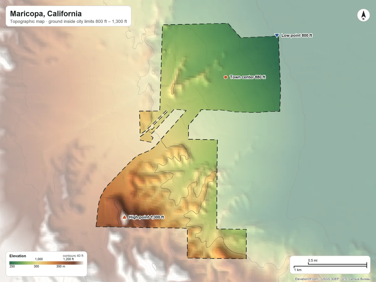 Topographic elevation map of Maricopa, California, shaded from 800 ft on the northeast side to 1,300 ft at the foot of the Little Signal Hills