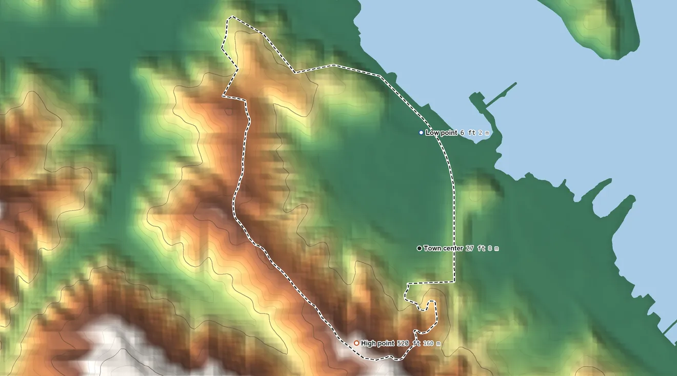 Topographic elevation map of Marin City, California, shaded from 6 ft on the north side to 520 ft at the foot of the San Miguel Hills