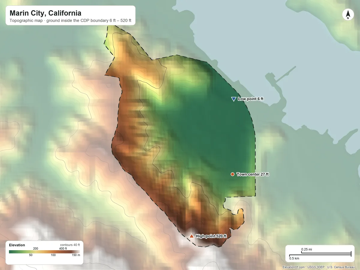 Topographic elevation map of Marin City, California, shaded from 6 ft on the north side to 520 ft at the foot of the San Miguel Hills