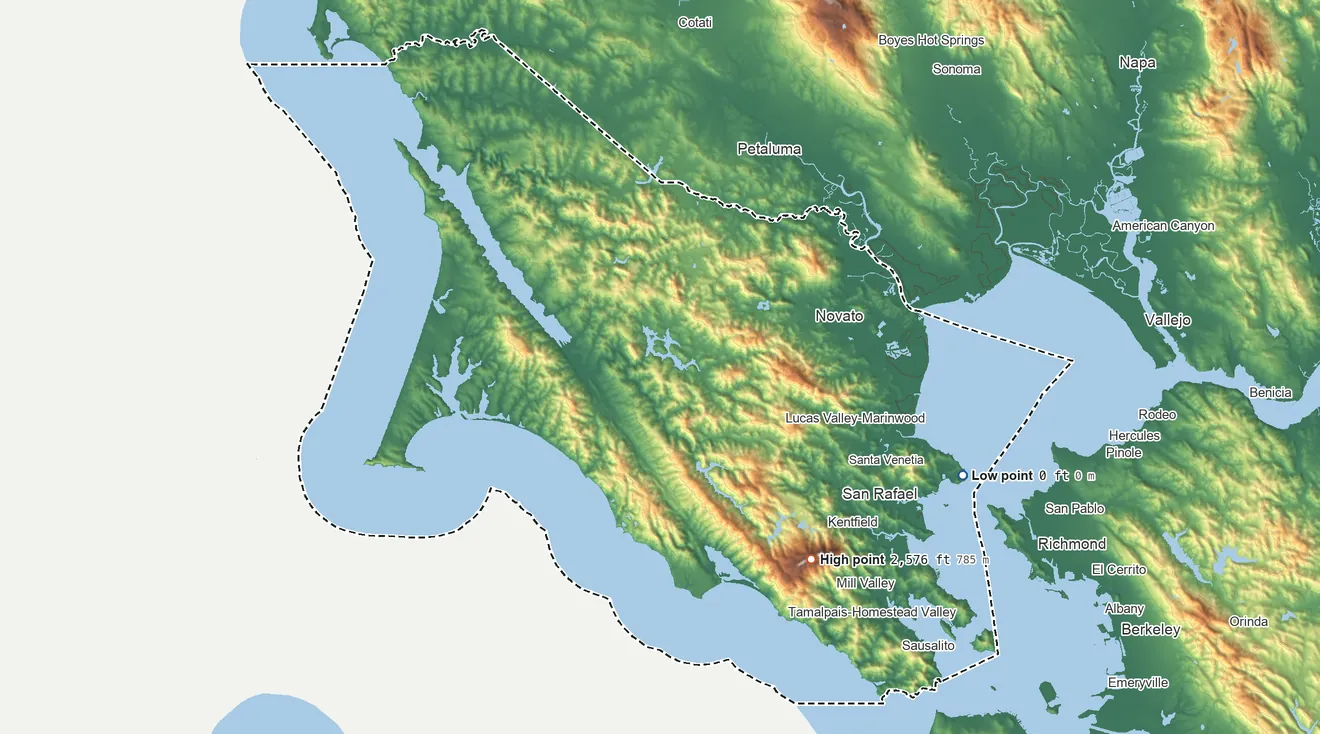 Topographic elevation map of Marin County, California, shaded from sea level on San Pablo Bay to 2,576 ft on Mount Tamalpais