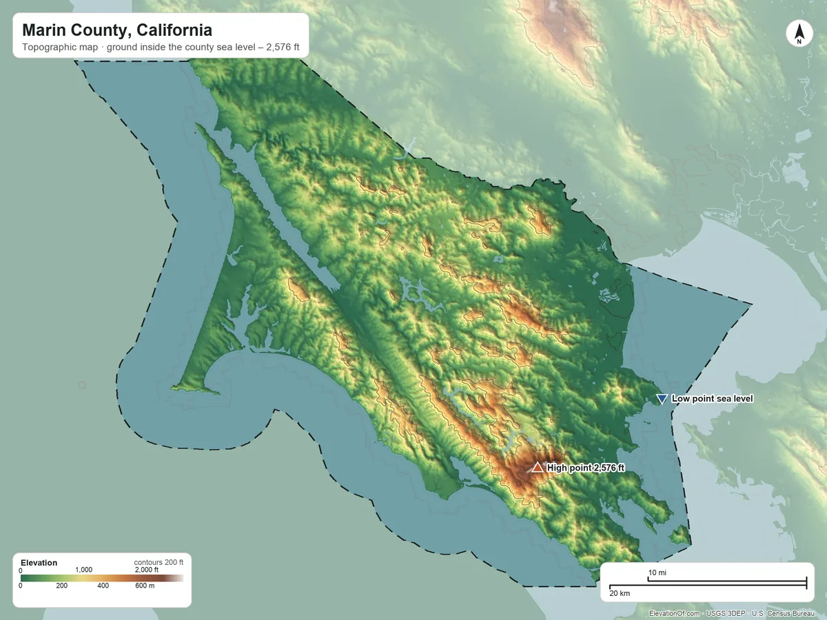 Topographic elevation map of Marin County, California, shaded from sea level on San Pablo Bay to 2,576 ft on Mount Tamalpais