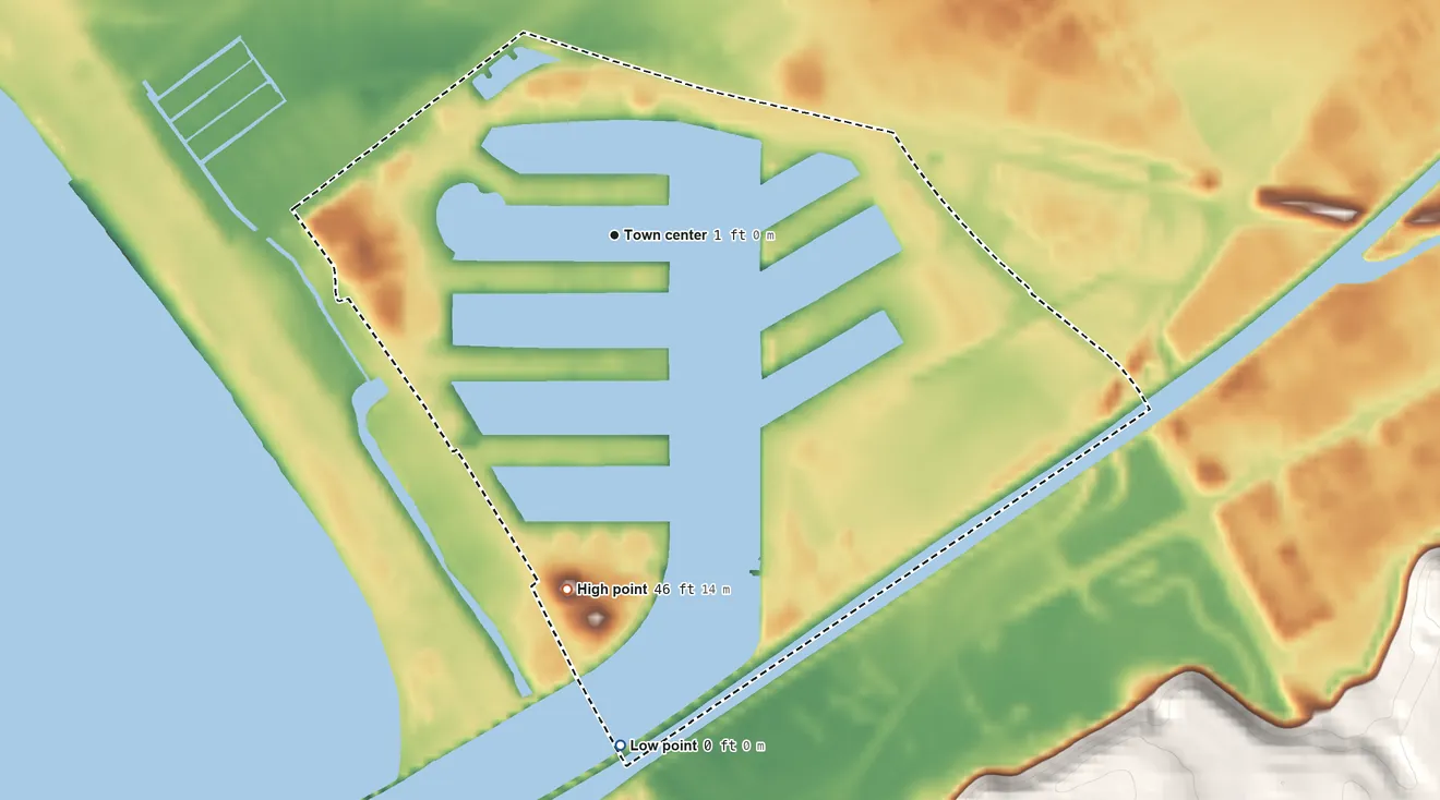 Topographic elevation map of Marina del Rey, California, shaded from sea level level on the Marina del Rey to 46 ft on the south side