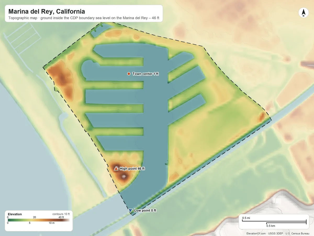 Topographic elevation map of Marina del Rey, California, shaded from sea level level on the Marina del Rey to 46 ft on the south side